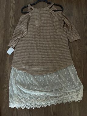Hayden Los Angeles Boho Crochet Knit Tunic with Floral Lace Hem